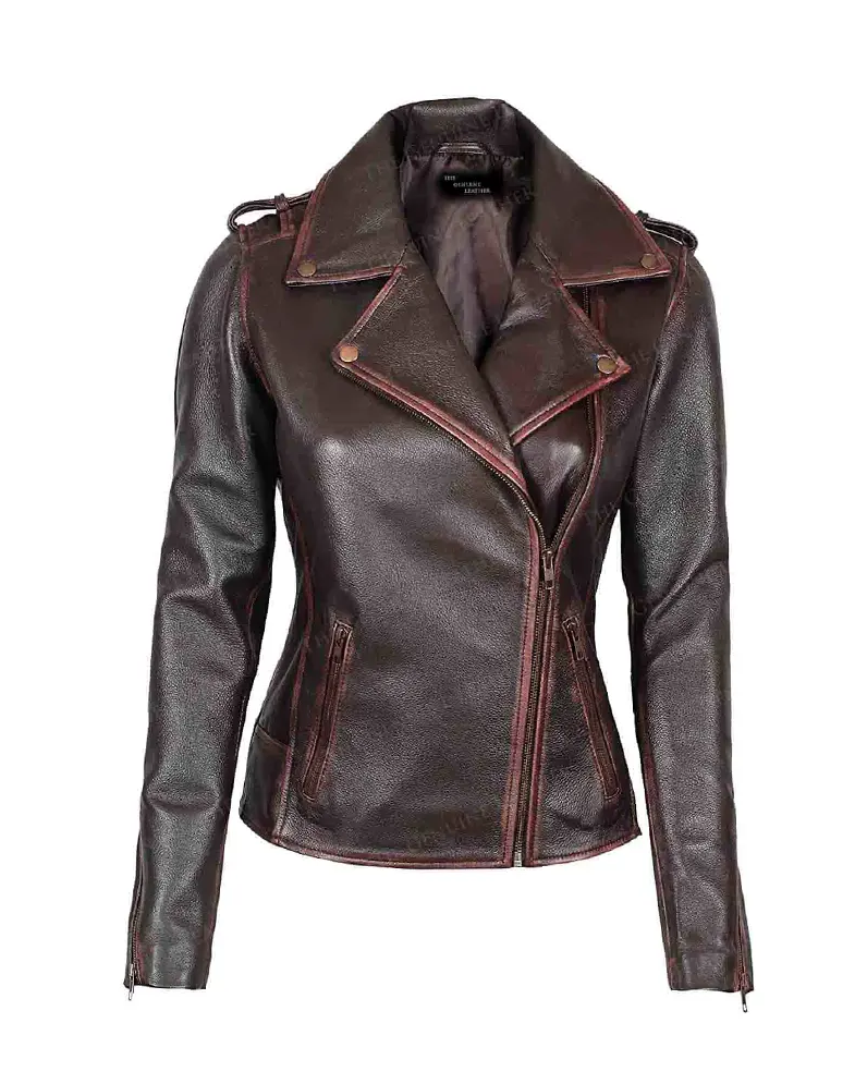 Women's Brown Distressed Leather Asymmetric Biker Jacket