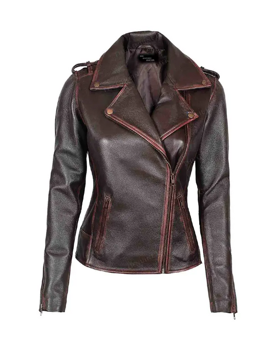 Women's Brown Distressed Leather Asymmetric Biker Jacket
