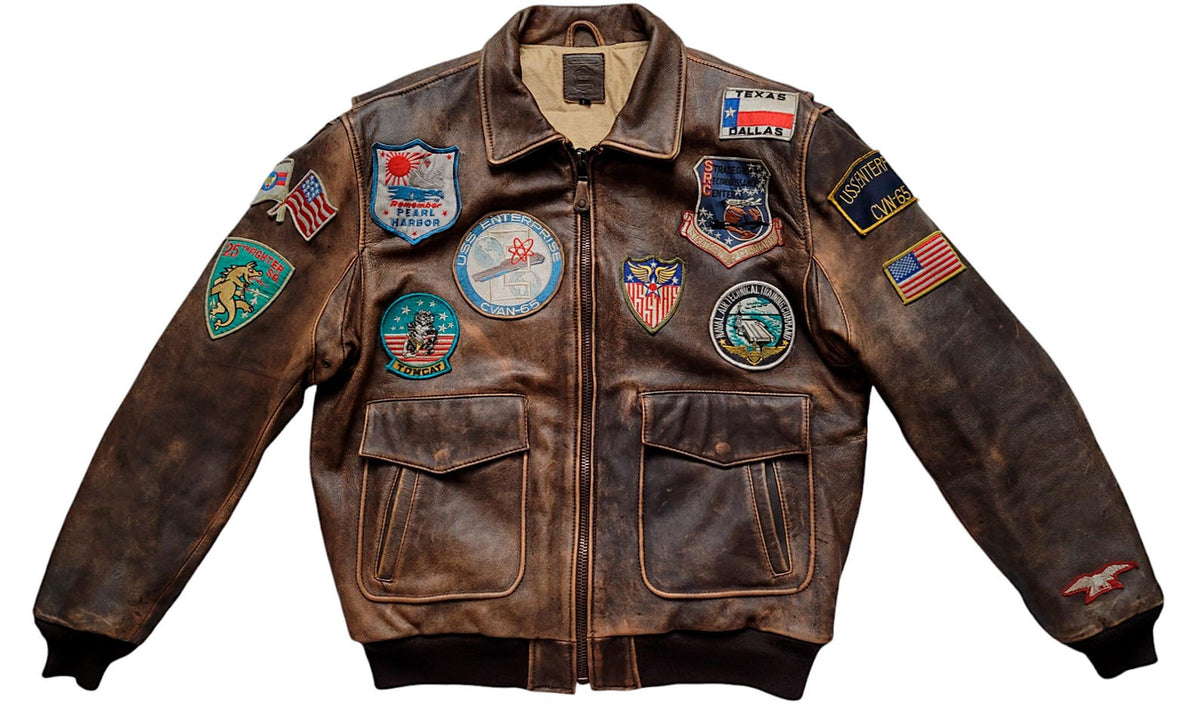 Men's Distressed Brown Leather Flight Jacket with Military Patches