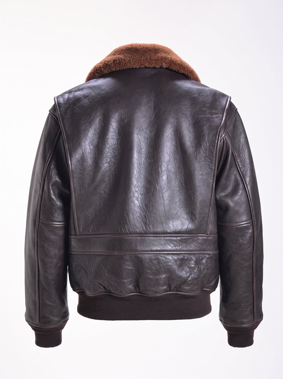 A dark brown leather aviator jacket with a brown shearling collar, shown from the back against a white background.