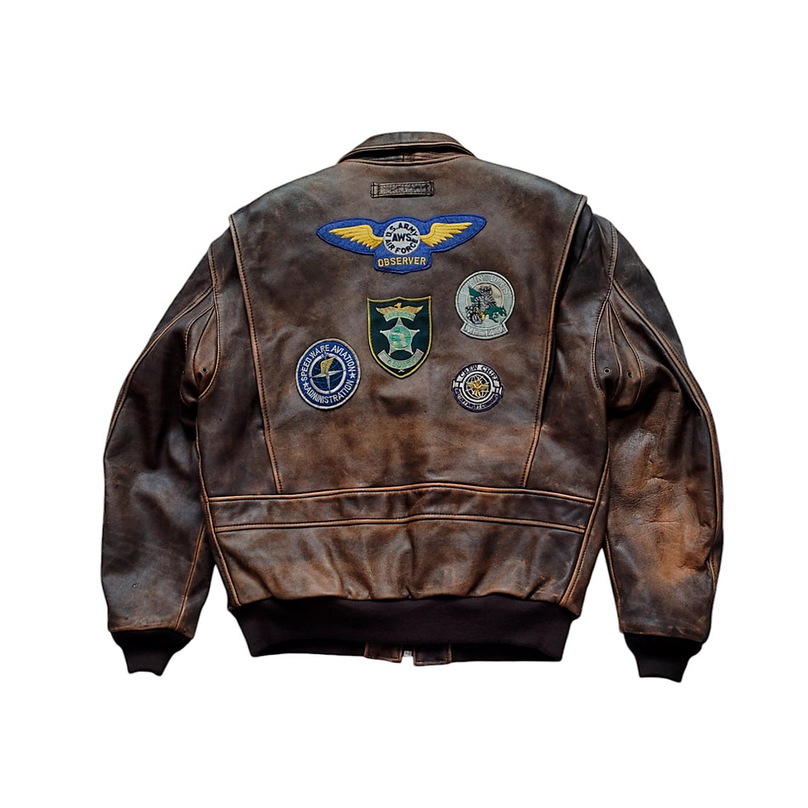 Men's Distressed Brown Leather Flight Jacket with Military Patches