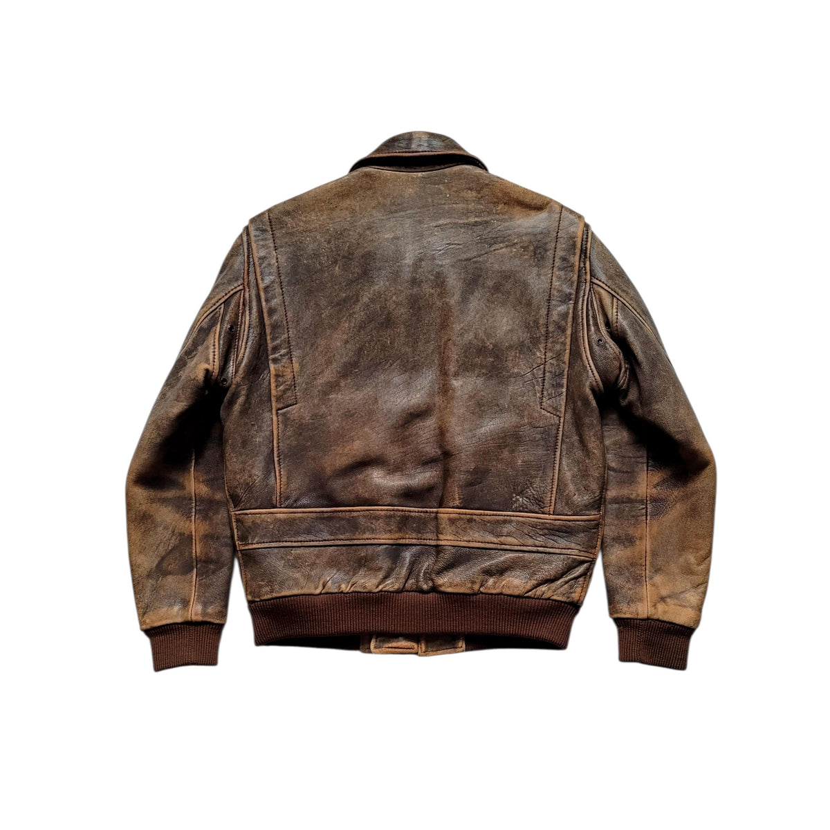 A distressed brown leather jacket shown from the back, featuring classic ribbed knit collar, cuffs, and hem, photographed against a solid white background.