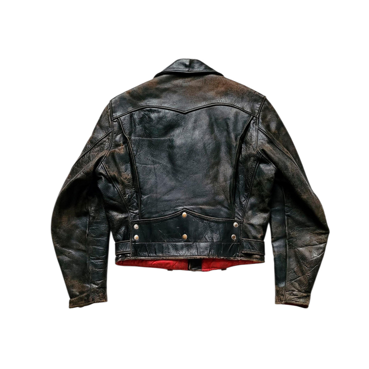 A distressed black leather jacket shown from the back, featuring a dark brown weathered wash, a red lining at the hem, and brass snap buttons.