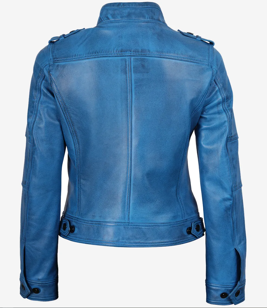 Women's Blue Waxed Leather Moto Jacket