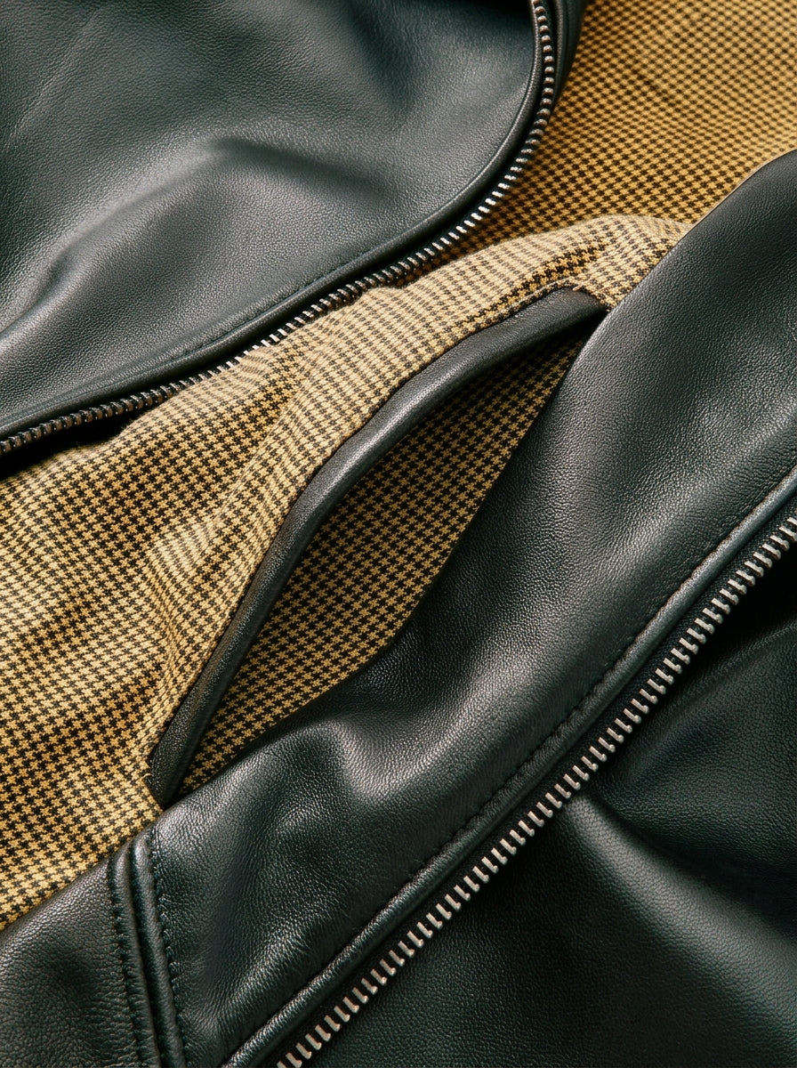 Men's Classic Black Leather Zip Jacket with Houndstooth Lining
