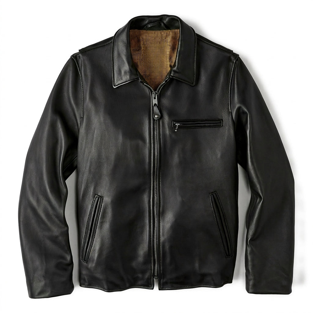 Men's Classic Black Leather Zip Jacket with Houndstooth Lining