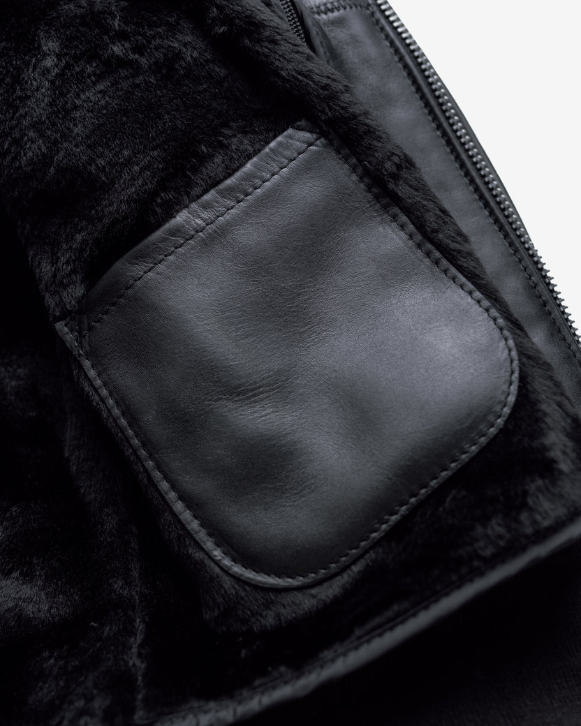 Men's Classic Black Leather Flight Jacket with Detachable Shearling Collar