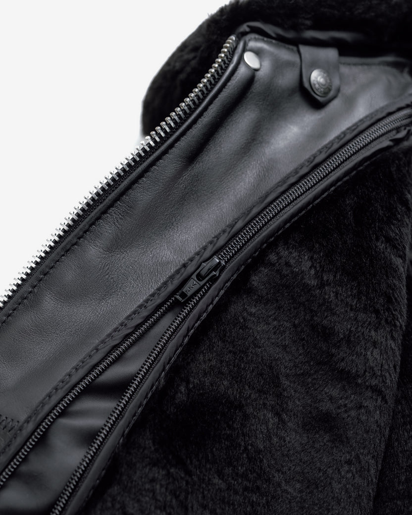 Men's Classic Black Leather Flight Jacket with Detachable Shearling Collar
