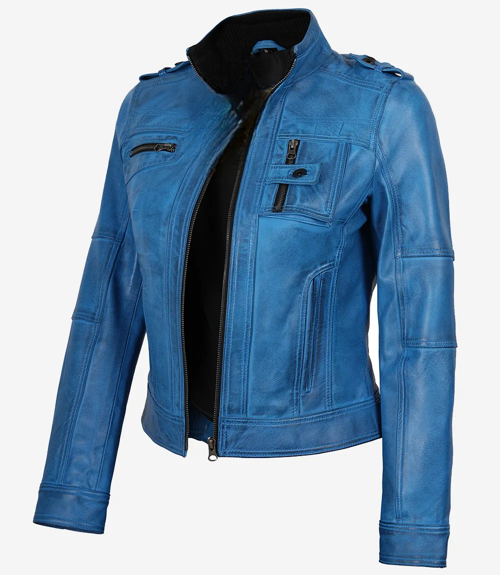 Women's Blue Waxed Leather Moto Jacket