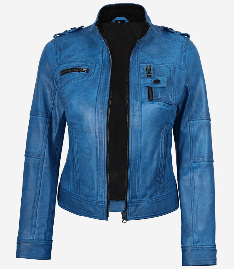 Women's Blue Waxed Leather Moto Jacket