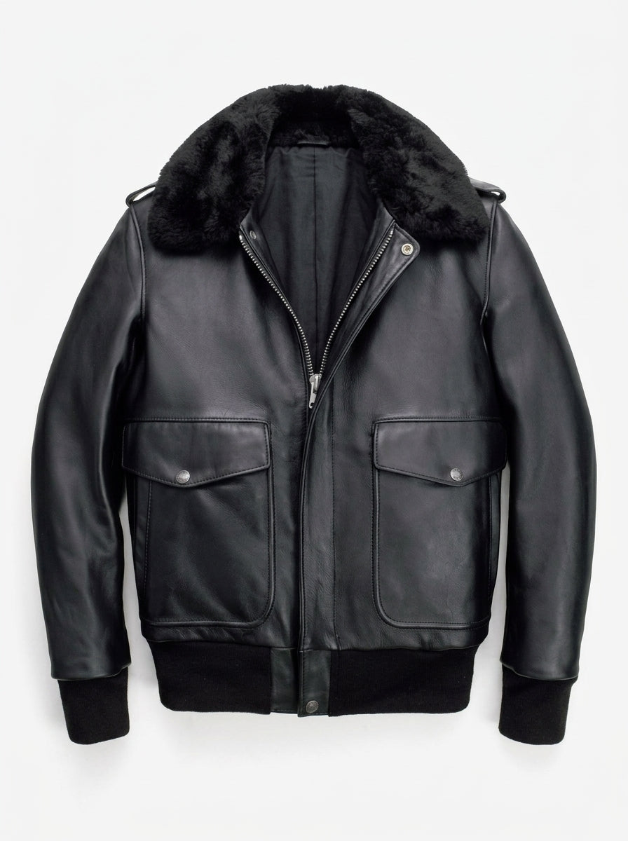Men's Classic Black Leather Flight Jacket with Detachable Shearling Collar