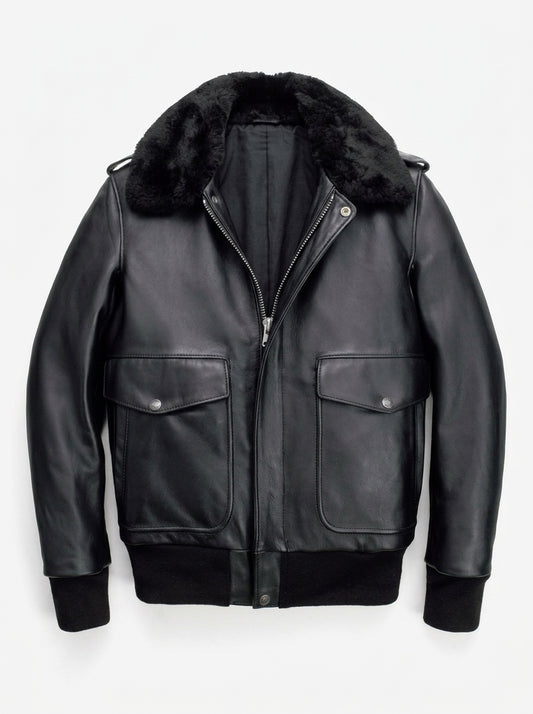 Men's Classic Black Leather Flight Jacket with Detachable Shearling Collar