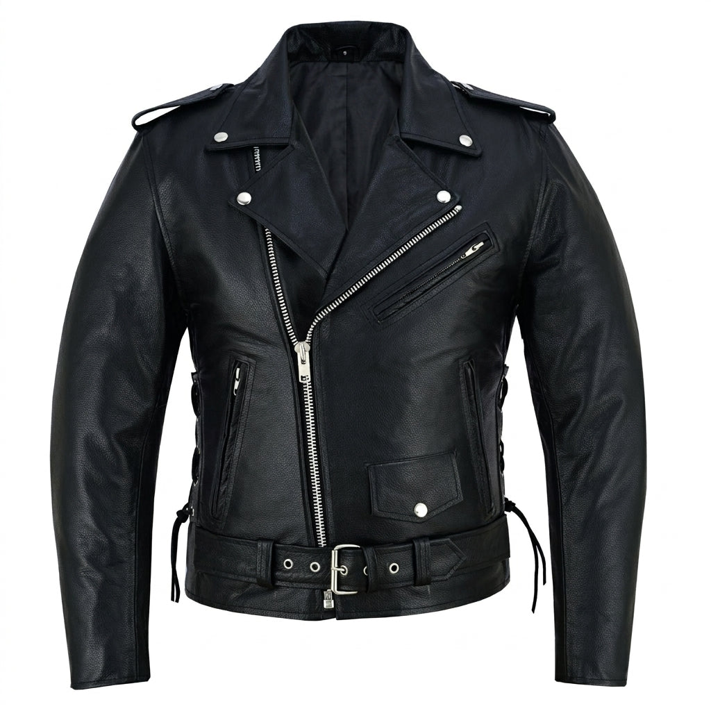 A black leather motorcycle jacket with silver hardware, featuring an asymmetrical zipper, shoulder epaulets, zippered chest pocket, and a belted waist.
