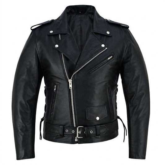 A black leather motorcycle jacket with silver hardware, featuring an asymmetrical zipper, shoulder epaulets, zippered chest pocket, and a belted waist.