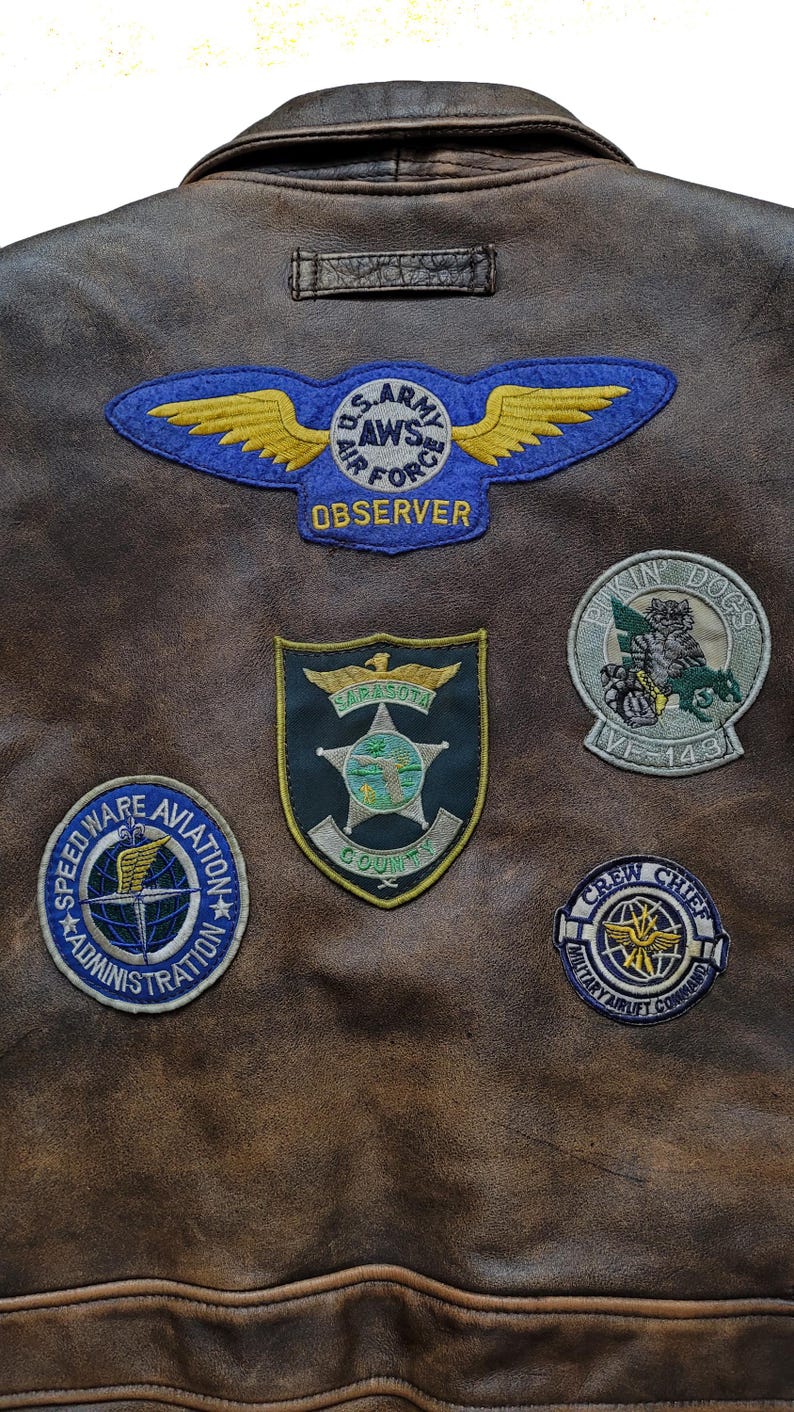 Men's Distressed Brown Leather Flight Jacket with Military Patches