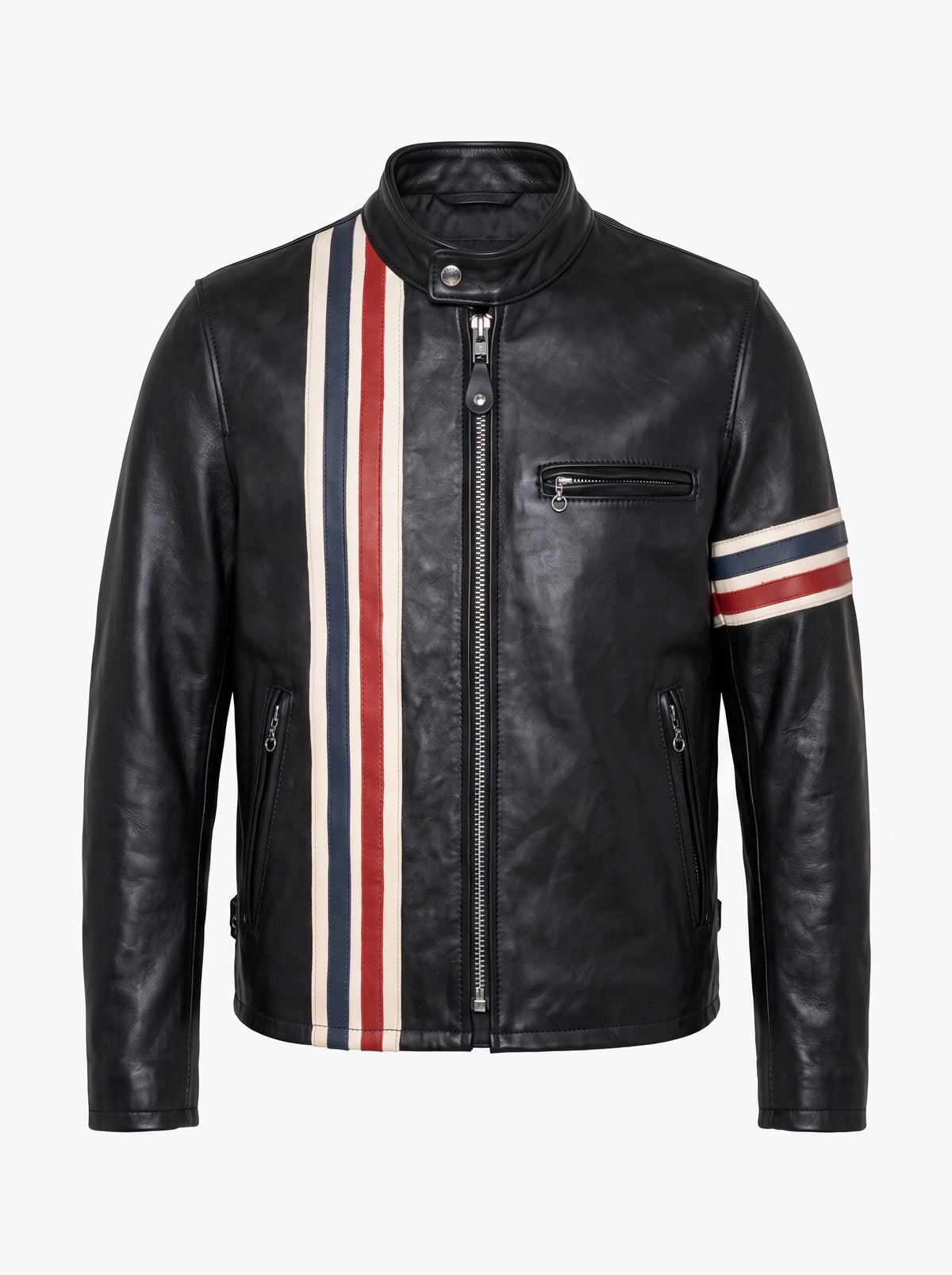 Black leather motorcycle jacket with vertical red, white, and navy stripes on the chest and sleeve, shown on a plain light gray background.