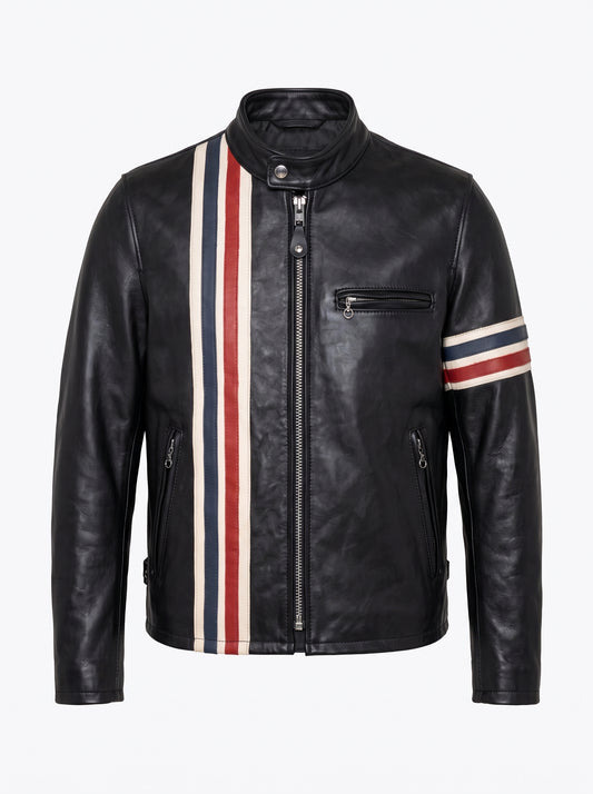 Black leather motorcycle jacket with vertical red, white, and navy stripes on the chest and sleeve, shown on a plain light gray background.