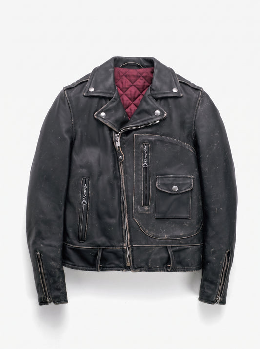 A black distressed leather motorcycle jacket with a dark red quilted lining visible inside the collar, displayed on a clean white background.