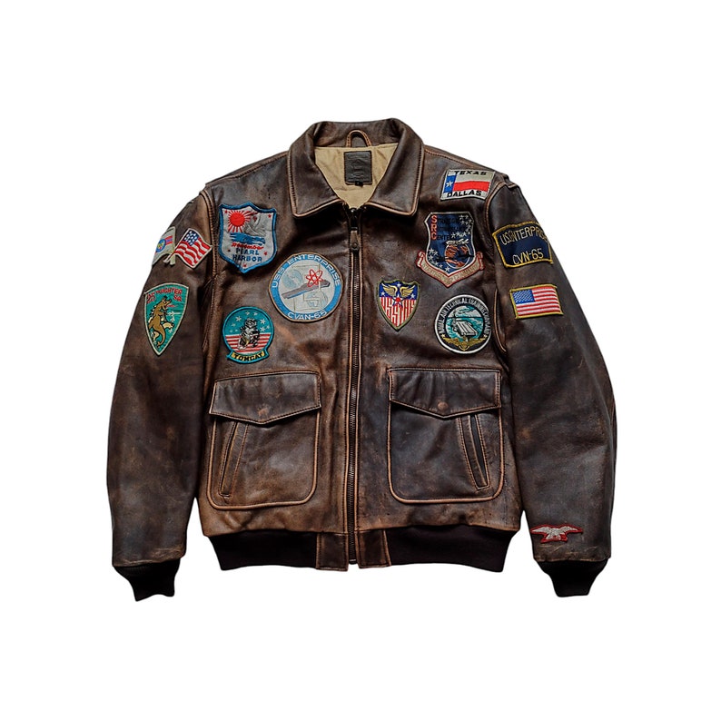 Men's Distressed Brown Leather Flight Jacket with Military Patches