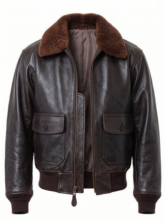 A dark brown leather aviator jacket with a thick brown shearling-style collar, featuring a front zipper, two buttoned flap chest pockets, and ribbed cuffs and hem.