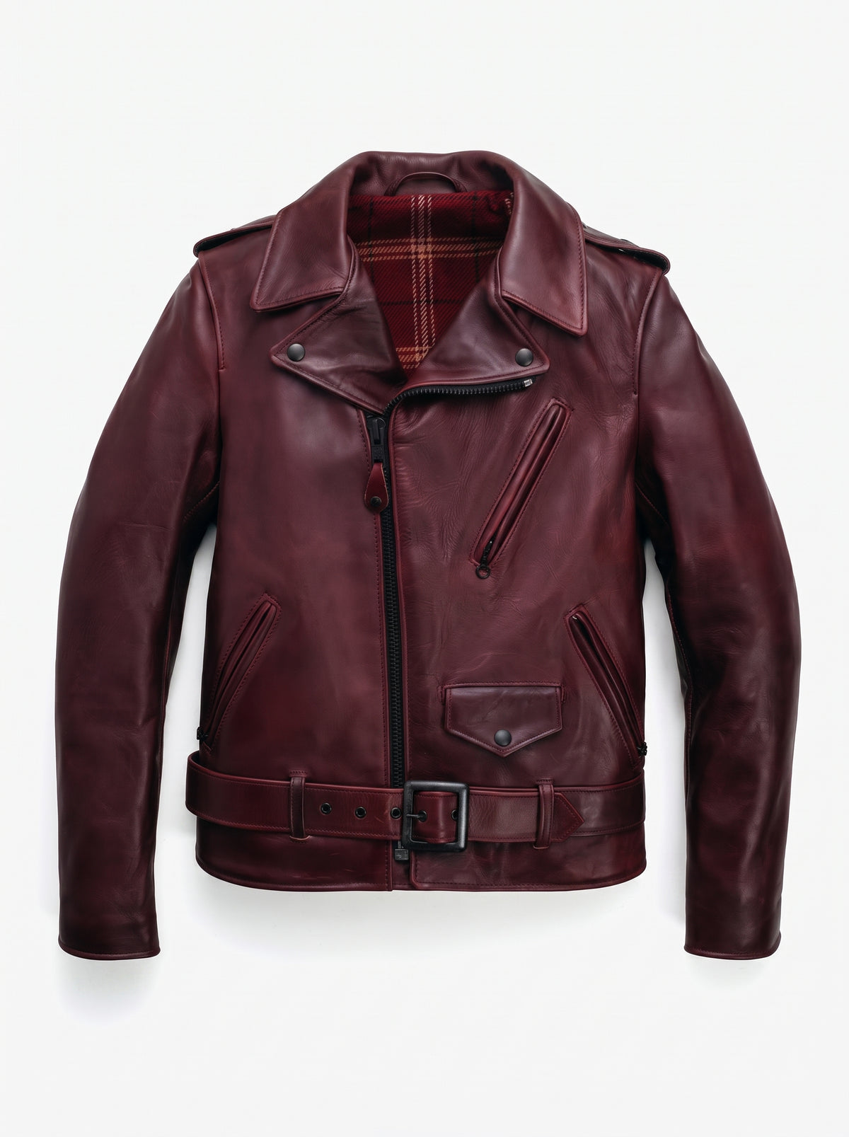 A dark burgundy leather motorcycle jacket with a zippered front, belted waist, and a red plaid lining visible inside the collar, shown on a light gray background.