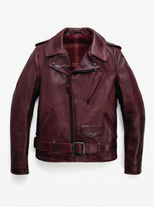 A dark burgundy leather motorcycle jacket with a zippered front, belted waist, and a red plaid lining visible inside the collar, shown on a light gray background.