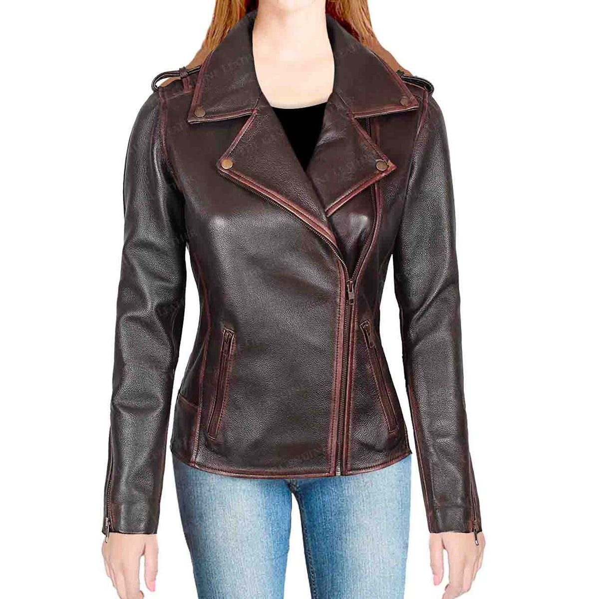 Women's Brown Distressed Leather Asymmetric Biker Jacket