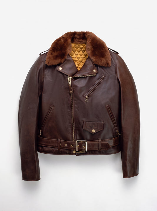 A dark brown leather aviator-style jacket with a brown faux-fur collar and a tan quilted lining, displayed on a clean white background.
