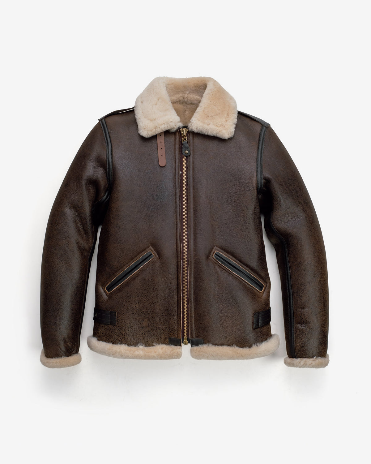 Brown leather jacket with shearling collar and cuffs on a white background
