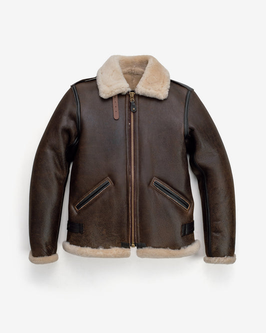 Brown leather jacket with shearling collar and cuffs on a white background