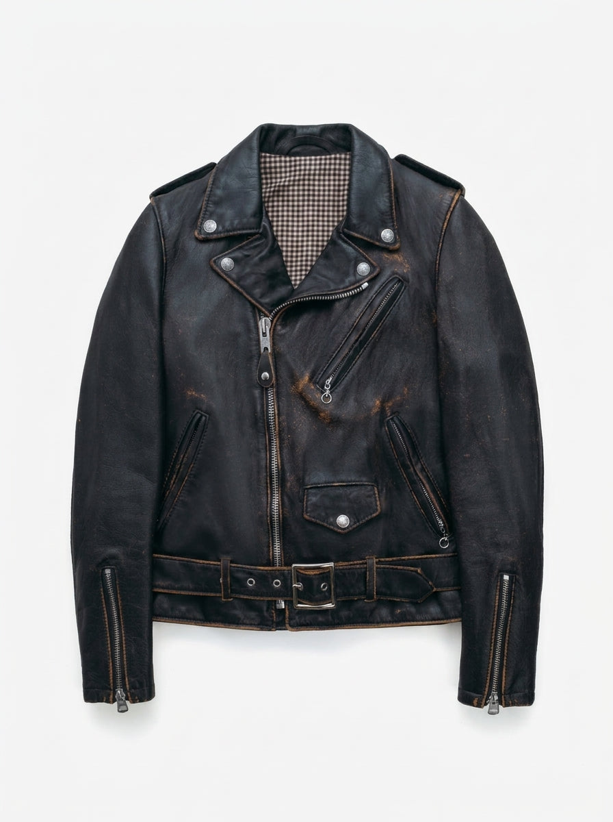 A black distressed leather motorcycle jacket with silver hardware, displayed flat against a light gray background.