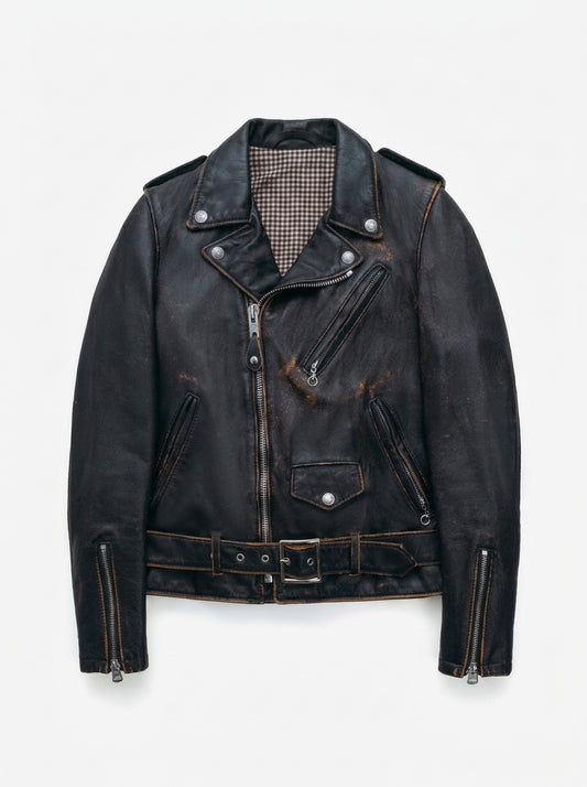 A black distressed leather motorcycle jacket with silver hardware, displayed flat against a light gray background.