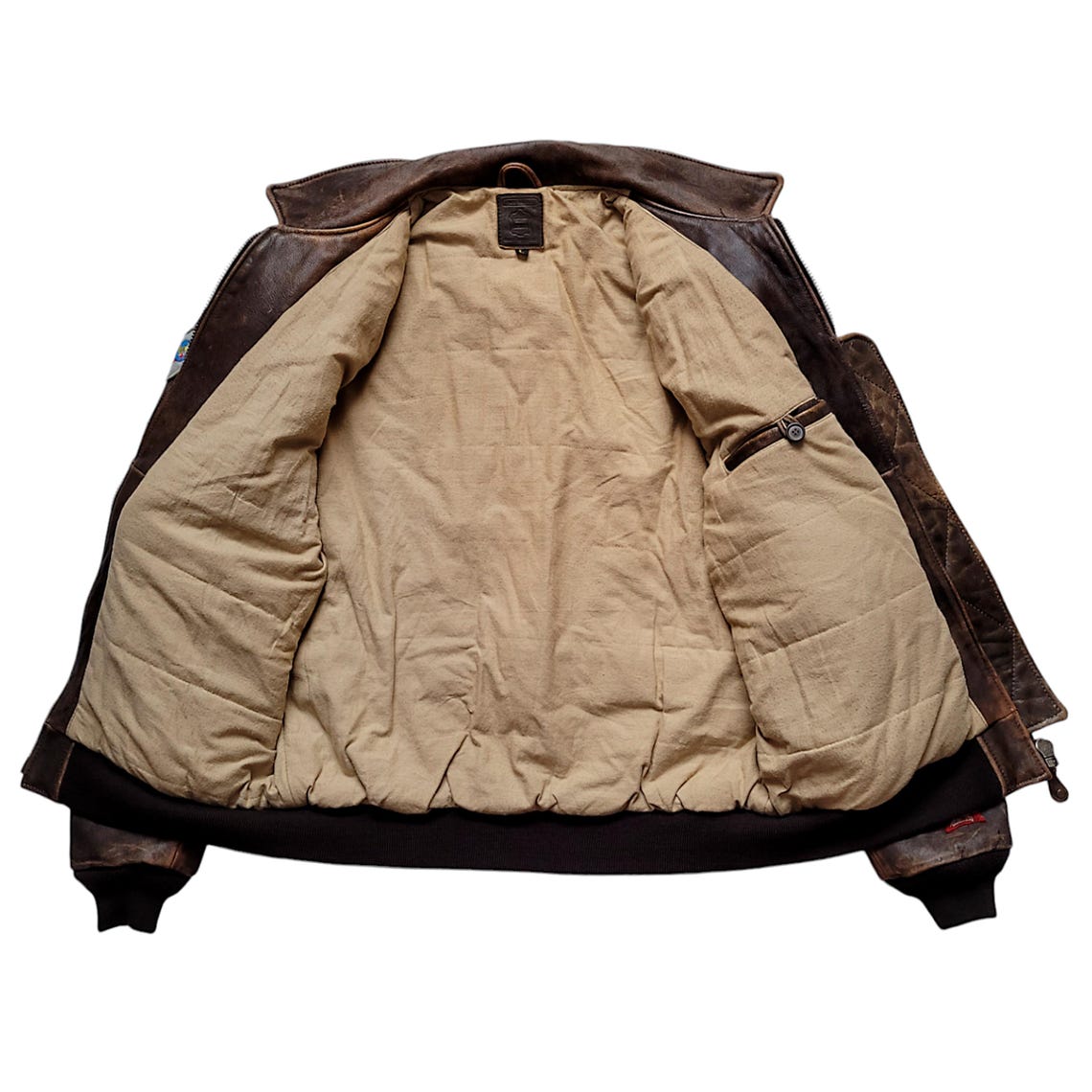 Men's Distressed Brown Leather Flight Jacket with Military Patches