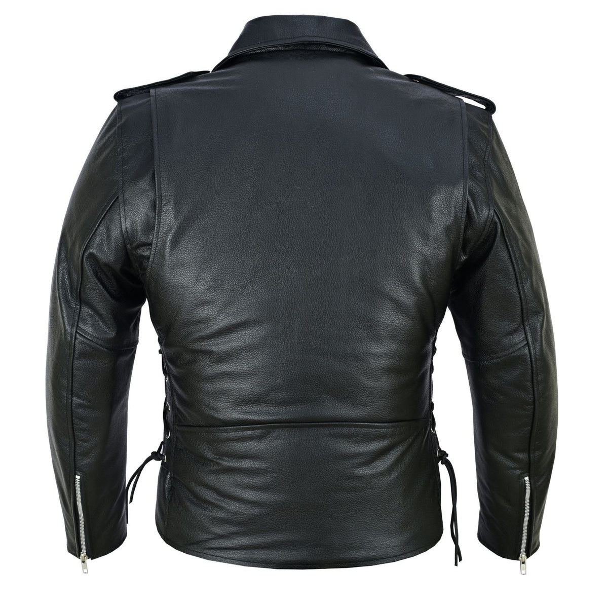 Black leather motorcycle jacket shown from the back, featuring a pointed collar, shoulder epaulets, side lacing, and zippered sleeve cuffs, displayed on a clean white background.