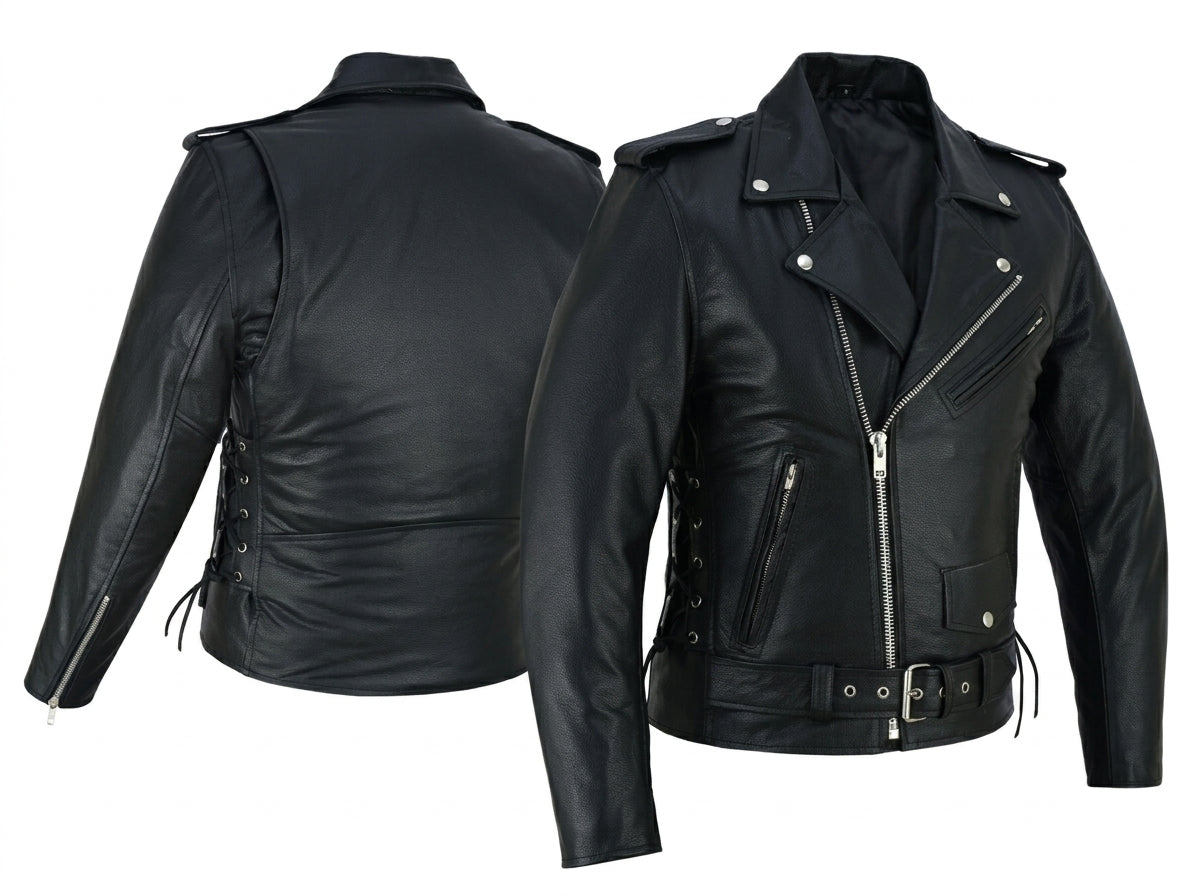 Black leather motorcycle jacket shown from both front and back views against a plain white background.