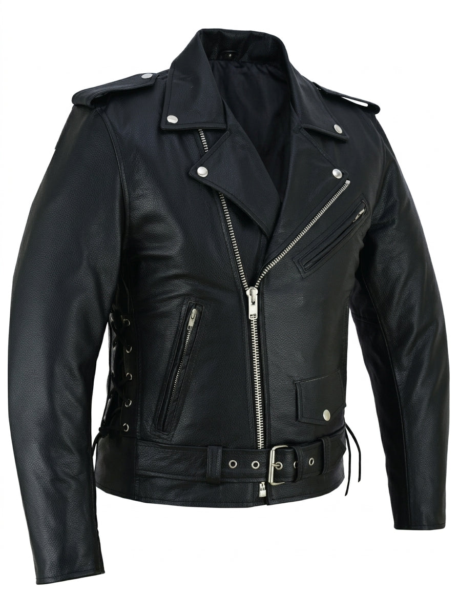 A black leather biker jacket with silver hardware, featuring an asymmetrical zipper, shoulder epaulets, side lacing, and a belted waist, shown against a plain white background.
