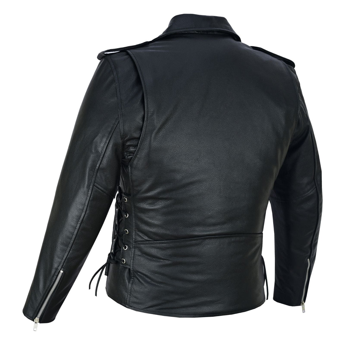Black leather motorcycle jacket shown from the back, featuring shoulder epaulets, side lacing, and zippered sleeve cuffs, photographed on a solid white background.