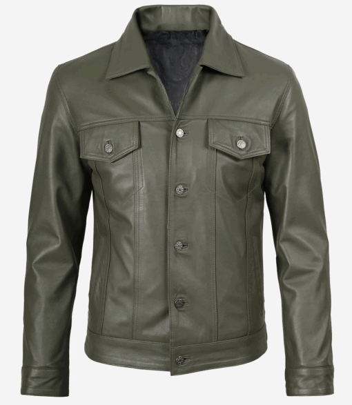 Men's Olive Green Four-Pocket Leather Trucker Jacket