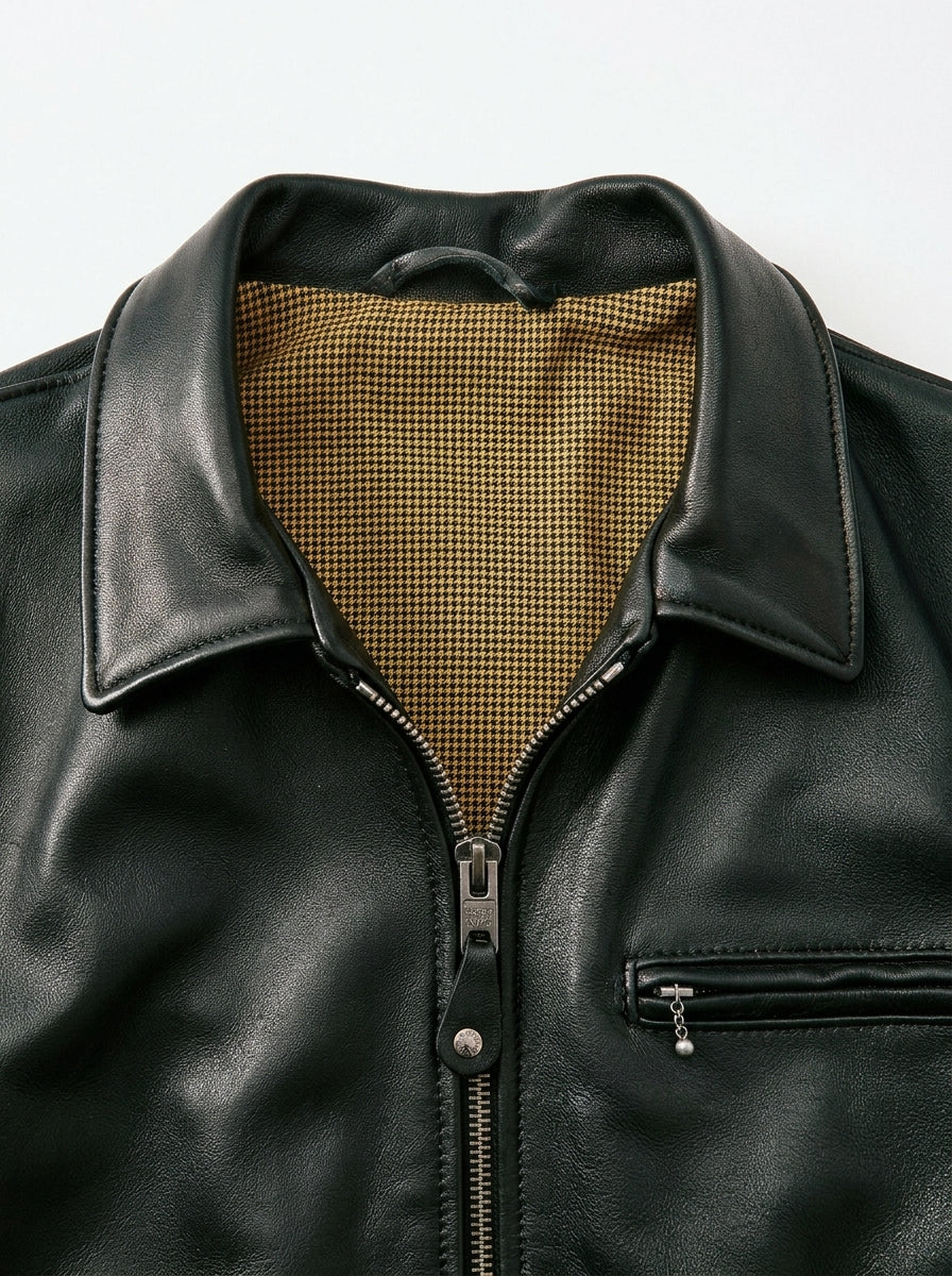 Men's Classic Black Leather Zip Jacket with Houndstooth Lining