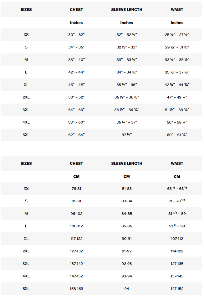 A size chart table showing chest, sleeve length, and waist measurements in inches and centimeters for sizes XS through 5XL.