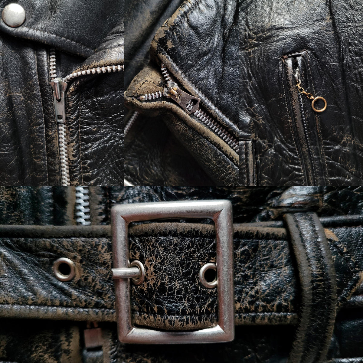Close-up detail collage of a distressed black leather jacket, showing the front zipper, collar with zipper and metal ring, and a wide belt with a square metal buckle.