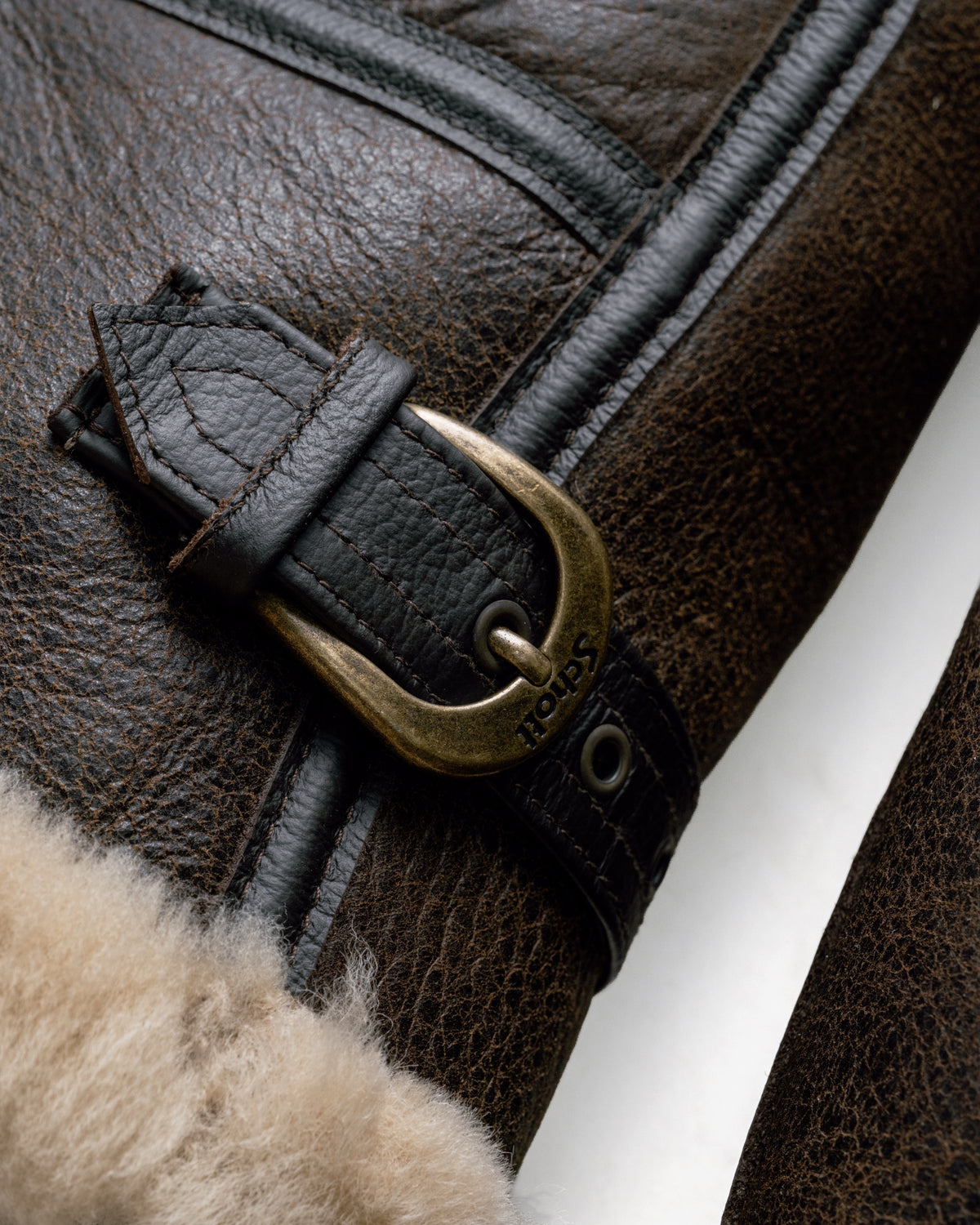 Close-up of a brown leather boot with a gold buckle on a white background