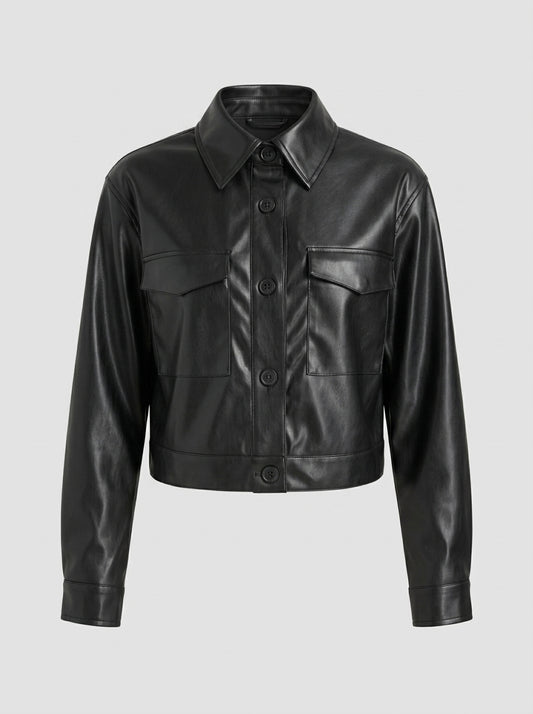 A black faux leather cropped jacket with a pointed collar, button-up front, and two flap chest pockets, shown on a neutral light gray background.