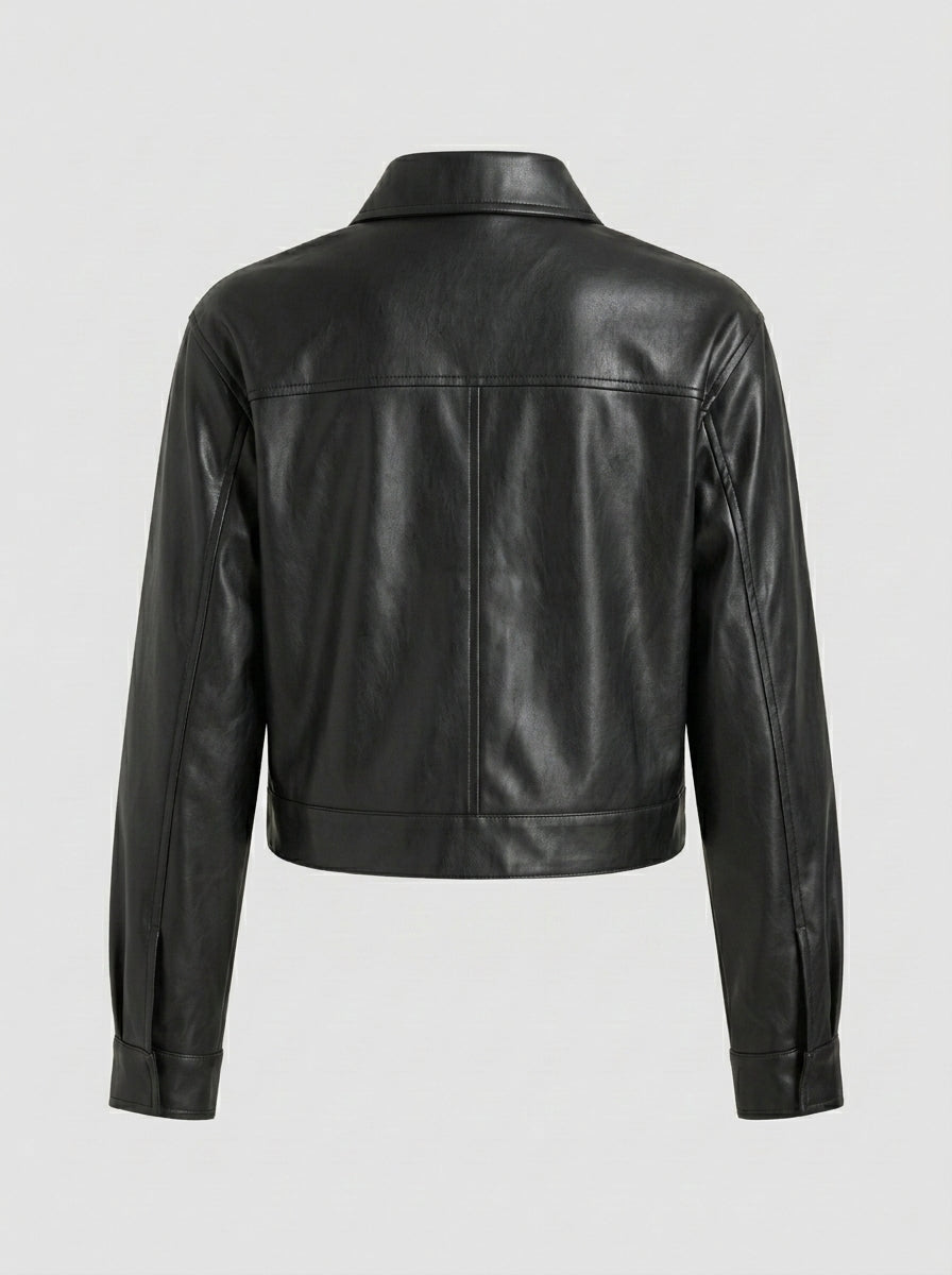 Black leather jacket shown from the back, featuring a collar, long sleeves, and a cropped hem, photographed against a light gray studio background.
