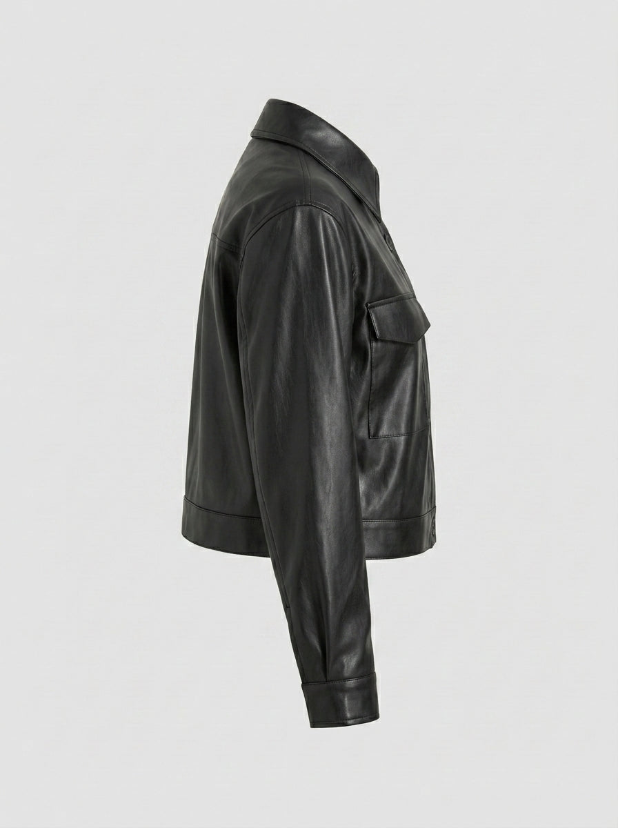 A black leather jacket shown from a side profile view against a light gray background.
