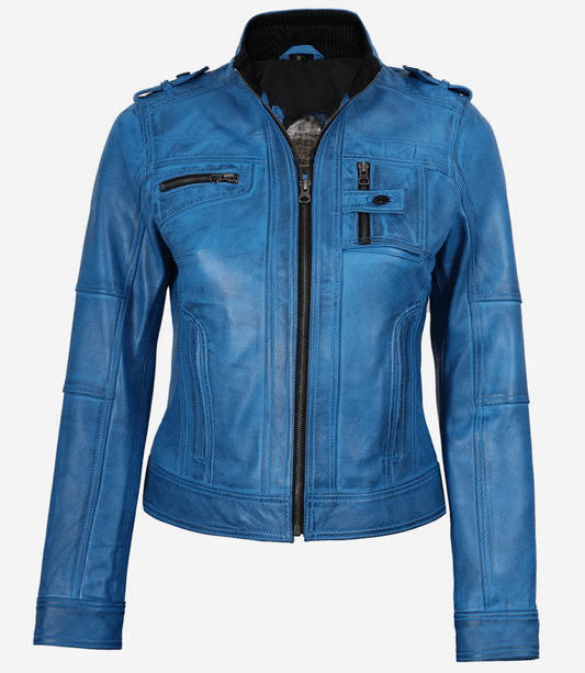 Women's Blue Waxed Leather Moto Jacket