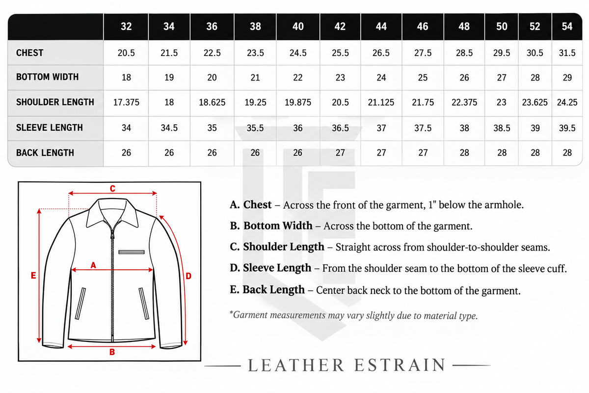 A sizing and measurement chart for a leather jacket, showing a size table from 32 to 56 with chest, bottom width, shoulder length, sleeve length, and back length measurements, plus a line drawing of the jacket with labeled measurement points and the text 'LEATHER ESTRAIN' below.