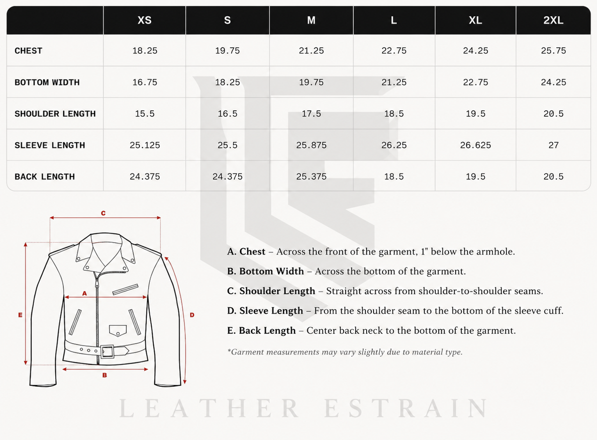 A size measurement chart for a leather jacket, showing chest, bottom width, shoulder length, sleeve length, and back length measurements for sizes XS through 2XL, with a labeled jacket outline and measurement instructions.