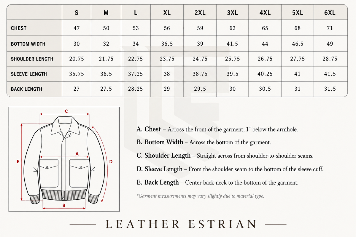 A sizing chart and measurement guide for a Leather Estrian jacket, showing garment measurements in centimeters for sizes S through 6XL in a table, with a front-view garment diagram labeled A through E and a small color swatch of the jacket fabric.
