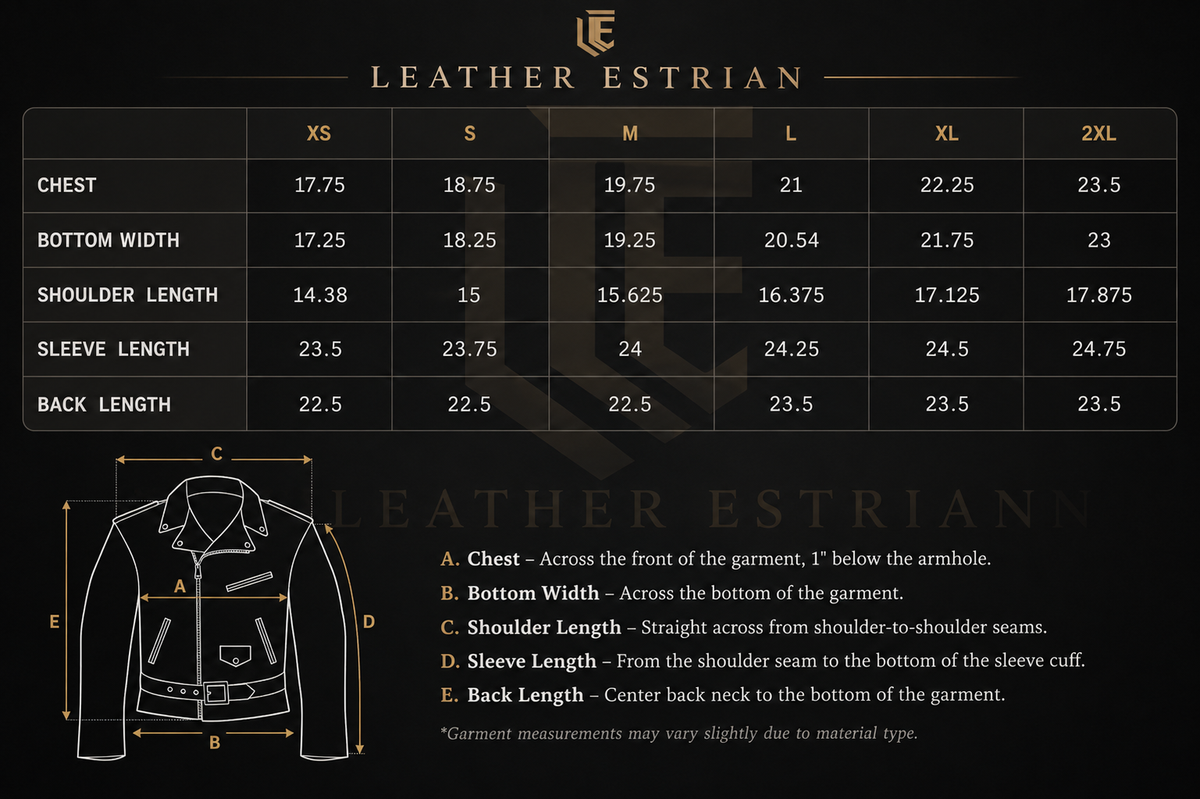 A sizing chart for a Leather Estrian men's leather jacket, showing measurements for sizes XS through 2XL on a black background with a jacket outline diagram.